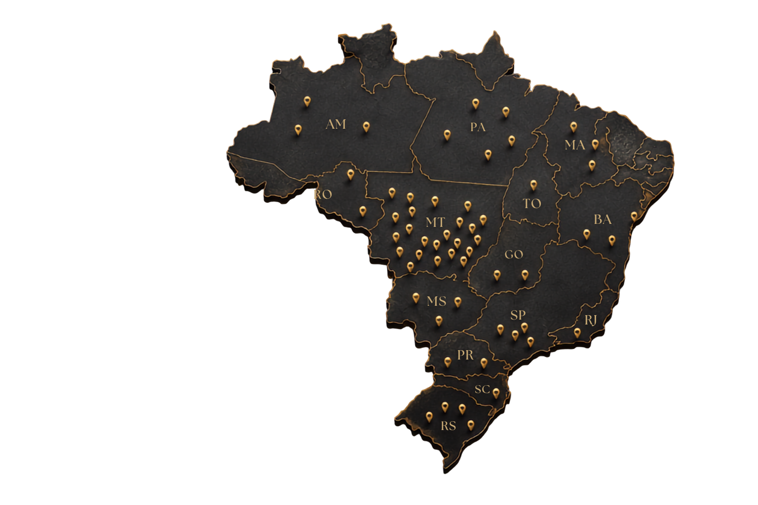 Mapa do Brasil com marcações nos estados onde o escritório atende clientes